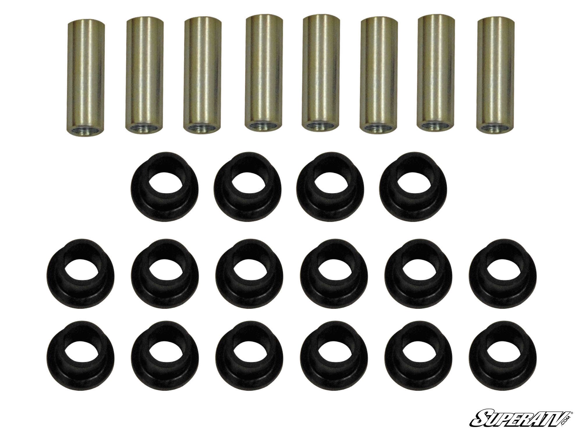 A set of eight metal and sixteen black rubber Can-Am ATV Front A-Arm Bushings are arranged in rows on a white background, with the SuperATV logo visible in the bottom right corner.