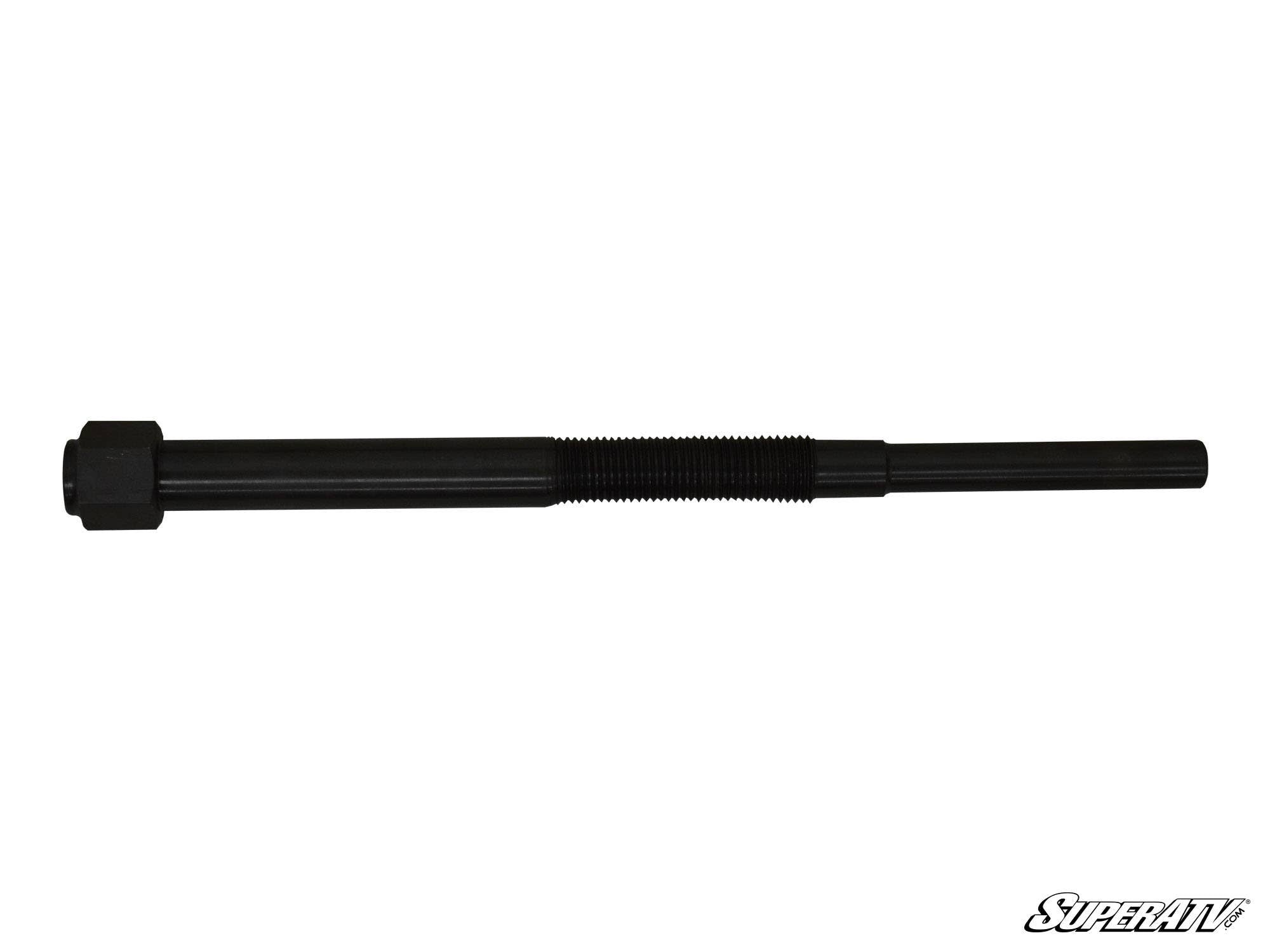 A Can-Am Primary Clutch Puller—a long, black metal tool with a hexagonal nut and threading on the shaft, tapering to a smooth tip—appears on a plain white background with the SuperATV logo in the bottom right corner.
