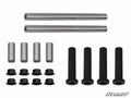 A set of Can-Am Commander A-Arm Bushings is shown on a white background, including metal hardware: two long silver rods, four short silver cylinders, four black flanged cylinders, and eight small black bushings. SuperATV logo in bottom right.