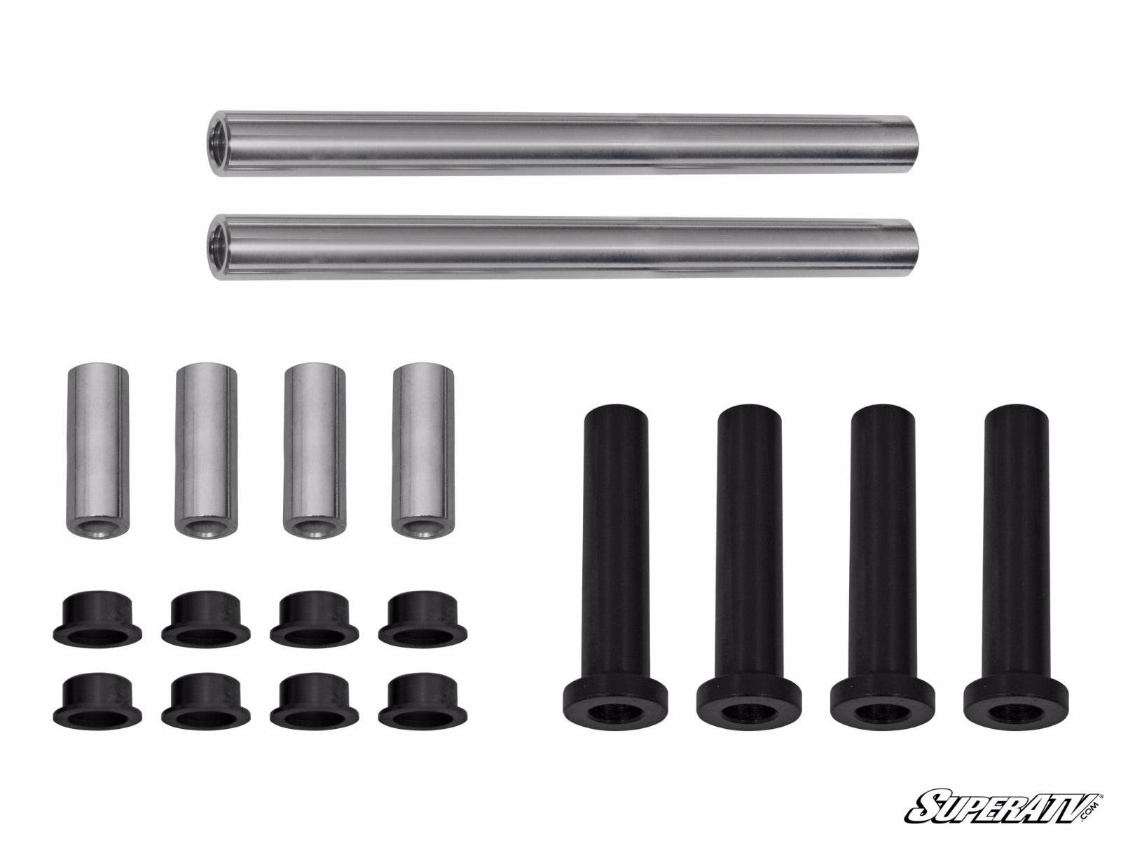 A set of Can-Am Commander A-Arm Bushings is shown on a white background, including metal hardware: two long silver rods, four short silver cylinders, four black flanged cylinders, and eight small black bushings. SuperATV logo in bottom right.