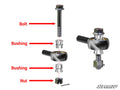 Exploded diagram of the Can-Am Commander Heavy-Duty Tie Rod Kit shows a bolt, bushing, ball joint housing, another bushing, nut, and cotter pin labeled with red arrows. The completed assembly appears on the right.