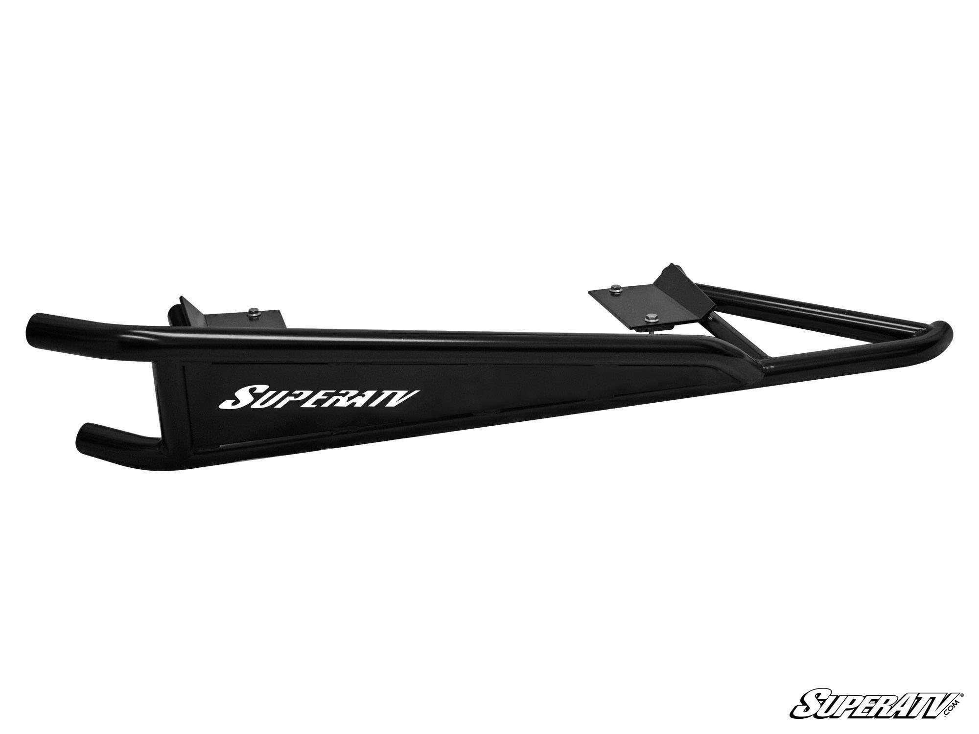 The Can-Am Commander Rock Slider Nerf Bars are black metal with an angular design and the white SuperATV logo on the side. Designed for off-road vehicles, they have mounting brackets and are displayed on a plain white background with the logo in the corne