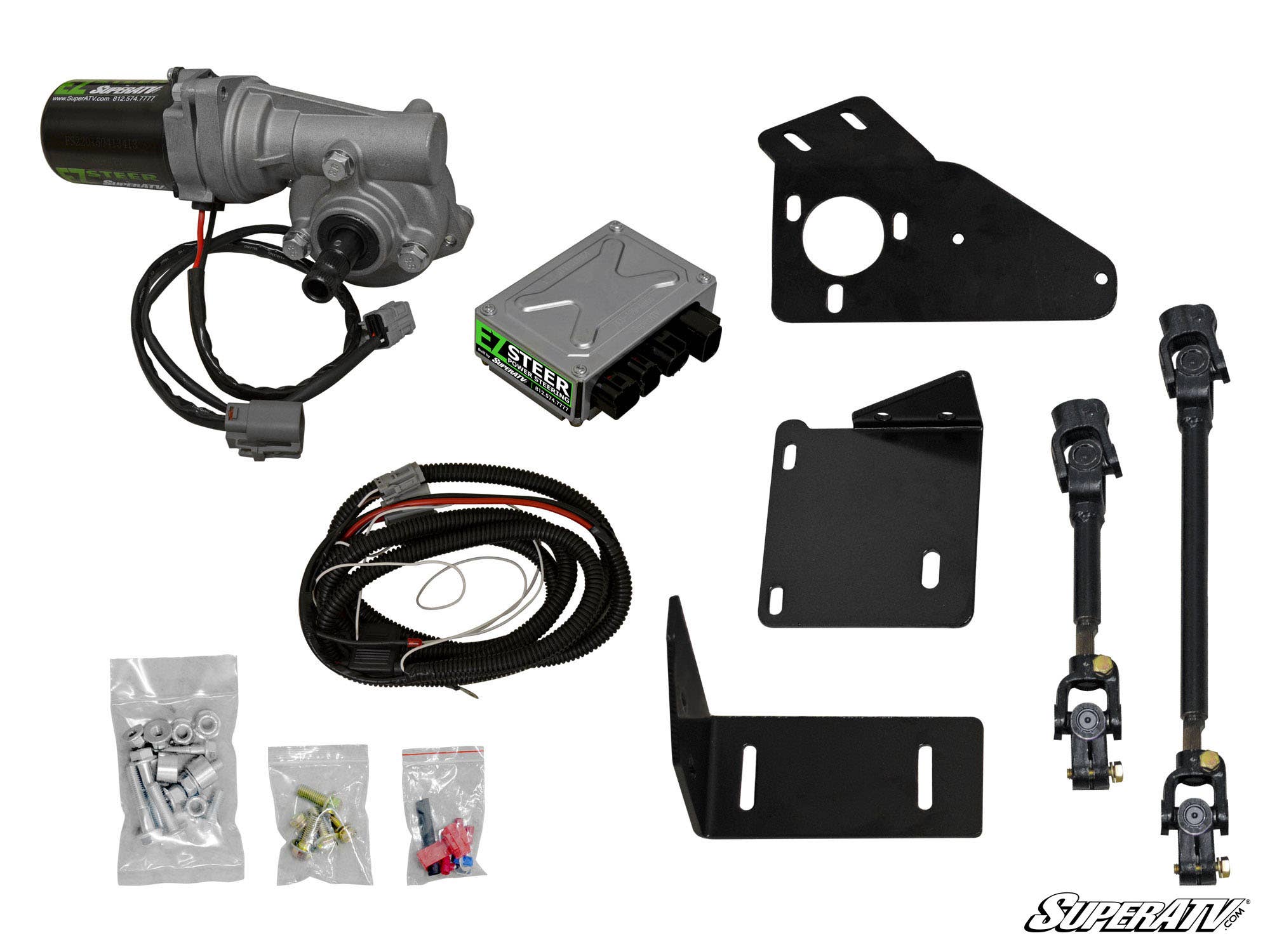 Top-down view of the Can-Am Commander Power Steering Kit with motor, control module, wiring harness, brackets, two steering shafts, fasteners, and the SuperATV logo in the bottom right corner arranged on a white background.
