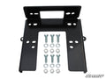 The Can-Am Commander 800 / 1000 Winch Mounting Plate is a black metal bracket with multiple holes and cutouts, shown flat with six bolts, washers, and nuts in two neat rows. The SuperATV logo is visible in the bottom right corner.