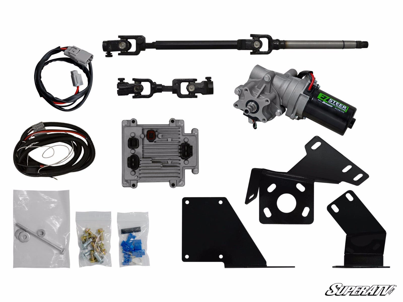 The Can-Am Defender Power Steering Kit is displayed, featuring a motor assembly, wiring harness, control module, steering shaft, U-joints, black brackets, bolts, and connectors neatly arranged on a white background.