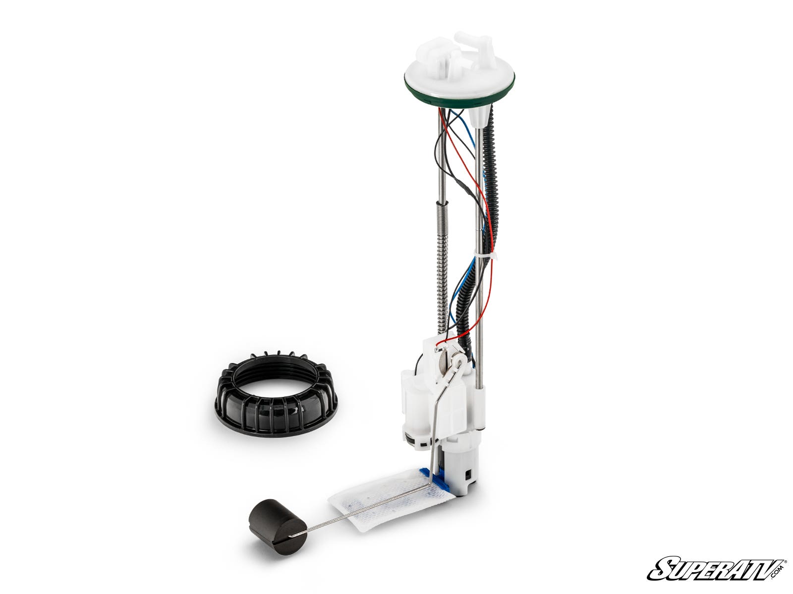 The Up & Running Can-Am Defender Fuel Pump, shown upright with wiring and float attached on a white background. A black plastic ring is nearby. The SuperATV logo appears in the images lower right corner.