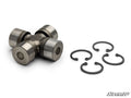 The Up & Running Can-Am Replacement U-Joint, featuring four cylindrical ends, is shown on a white background with four black retaining clips to the right and the SuperATV logo in the bottom right corner.