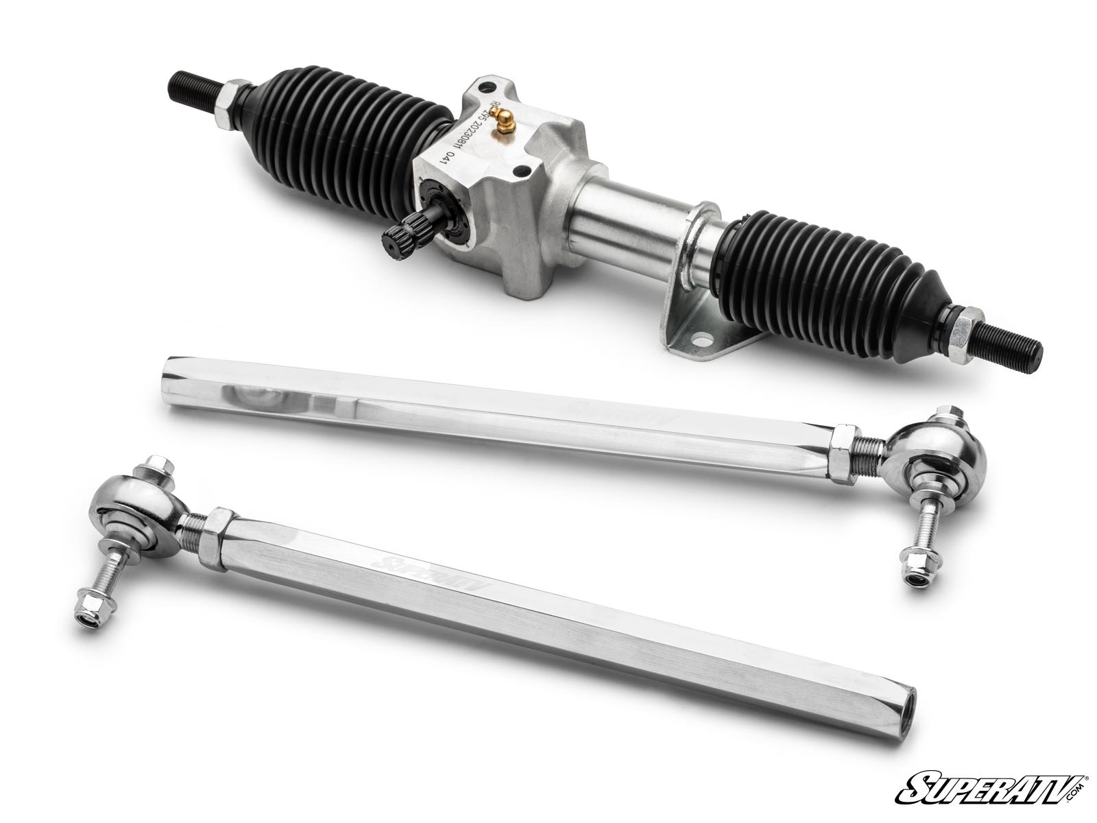 A silver Can-Am Defender HD8 RackBoss 2.0 rack and pinion with two matching silver tie rods (ball joints on one end) sits on a white background. The “SuperATV” logo appears in the bottom right corner.