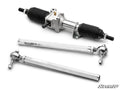 The Can-Am Defender HD9 RackBoss 2.0 Rack and Pinion features a polished metal rack, black rubber boots, and two long silver tie rods with spherical rod ends on a white background, all new and clean with the SuperATV logo in the corner.
