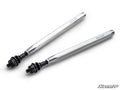 Two shiny Can-Am Maverick R Billet Hex Tie Rods with black mounting hardware are shown on a white background. Each shaft is engraved with SUPERATV and ALUMINUM. The SuperATV logo is in the bottom right corner.