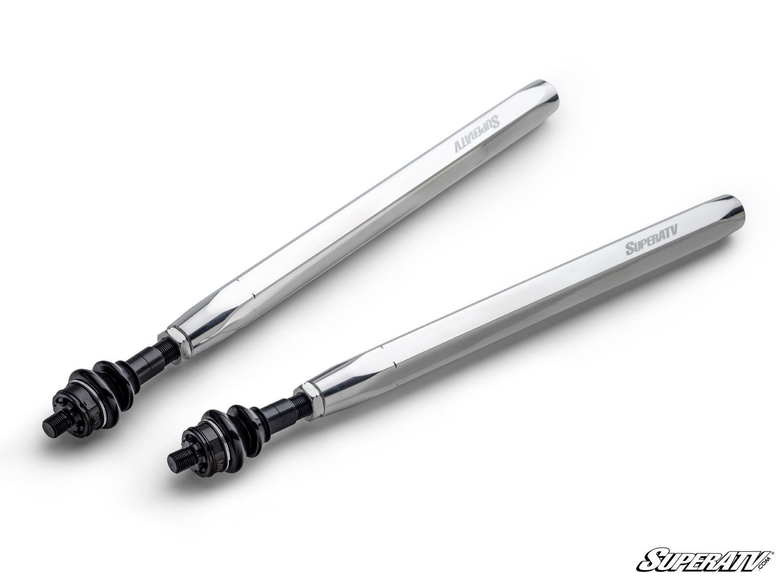 Two shiny Can-Am Maverick R Billet Hex Tie Rods with black mounting hardware are shown on a white background. Each shaft is engraved with SUPERATV and ALUMINUM. The SuperATV logo is in the bottom right corner.