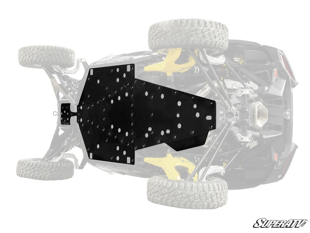 A black Can-Am Maverick R Full Skid Plate with multiple circular holes is digitally shown beneath a faded off-road vehicle, covering its underside. The SuperATV logo appears in the lower right corner.