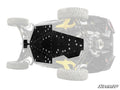 A black Can-Am Maverick R Full Skid Plate with multiple circular holes is digitally shown beneath a faded off-road vehicle, covering its underside. The SuperATV logo appears in the lower right corner.