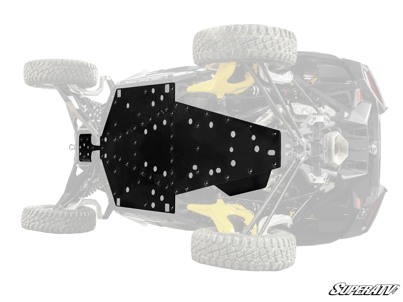 A black Can-Am Maverick R Full Skid Plate with multiple circular holes is digitally shown beneath a faded off-road vehicle, covering its underside. The SuperATV logo appears in the lower right corner.