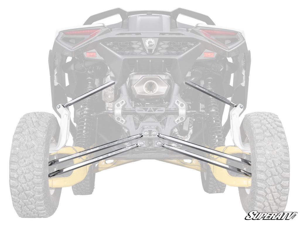 Rear view of an off-road vehicle highlighting its suspension system, focusing on the SuperATV Can-Am Maverick R Billet Aluminum Hex Radius Arms connecting the wheels to the chassis. Faded vehicle parts; SuperATV logo in corner.