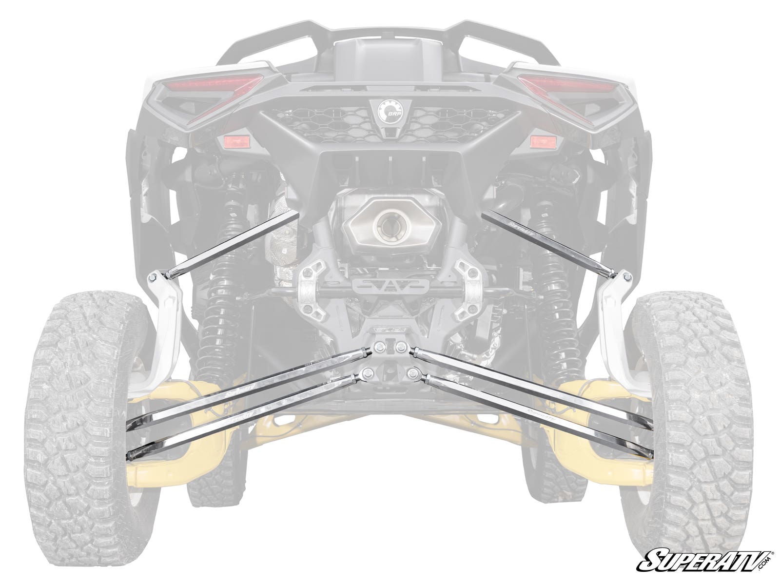 Rear view of an off-road vehicle highlighting its suspension system, focusing on the SuperATV Can-Am Maverick R Billet Aluminum Hex Radius Arms connecting the wheels to the chassis. Faded vehicle parts; SuperATV logo in corner.