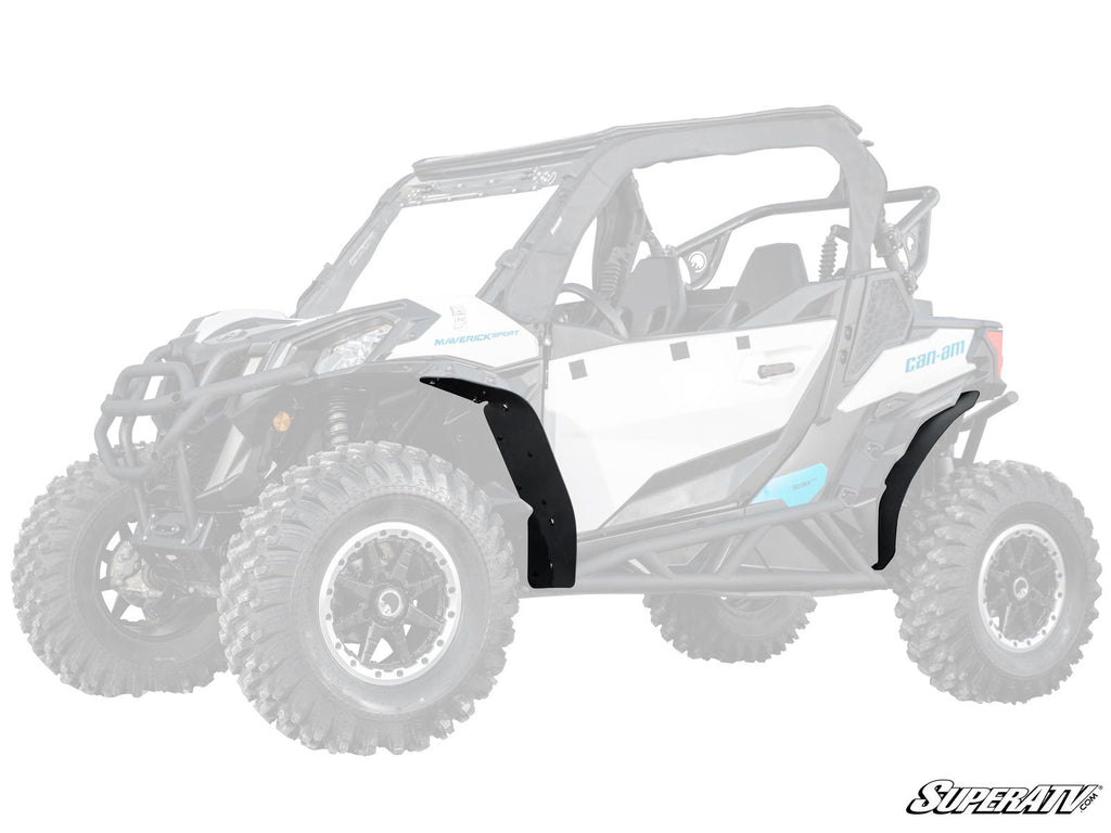 A Can-Am Maverick Sport features Low Profile Fender Flares in black on the front and rear wheel wells, emphasized against a faded backdrop. The SuperATV logo is displayed in the bottom right corner.