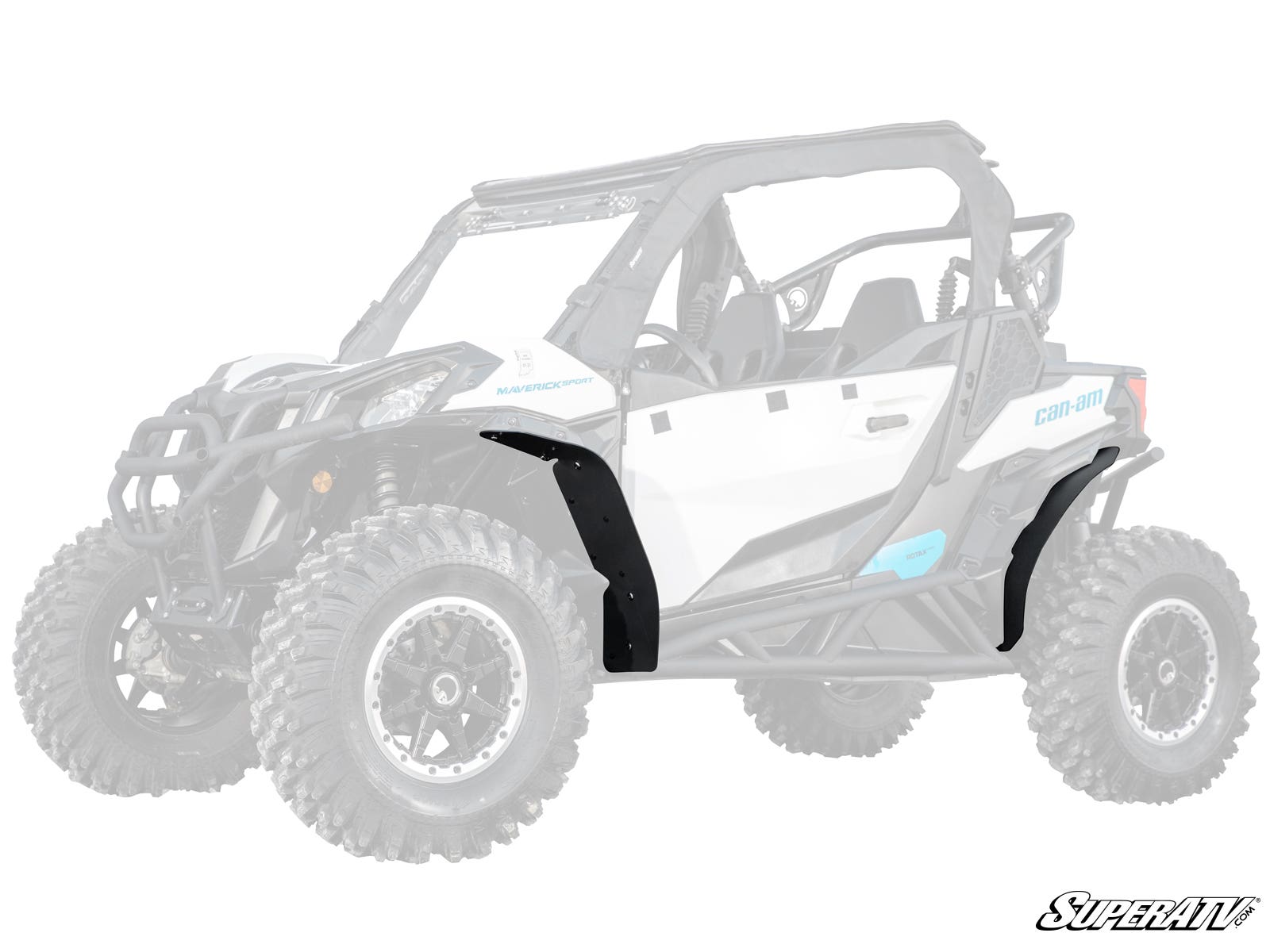 A Can-Am Maverick Sport features Low Profile Fender Flares in black on the front and rear wheel wells, emphasized against a faded backdrop. The SuperATV logo is displayed in the bottom right corner.
