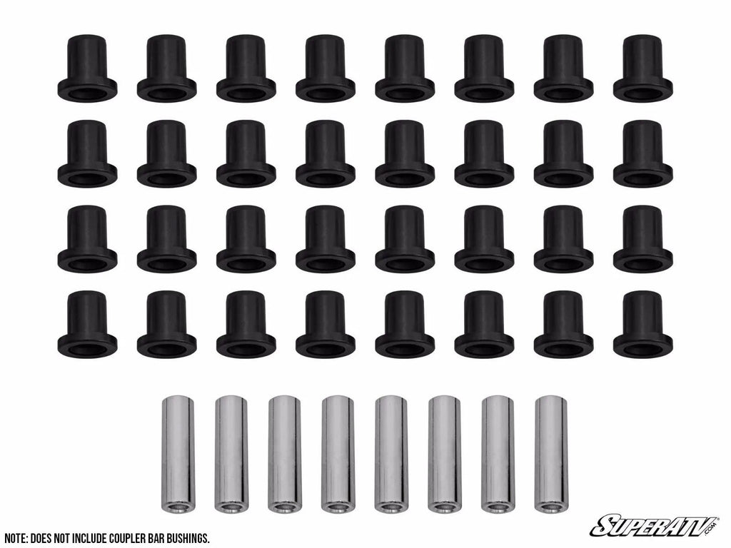 Thirty black cylindrical bushings for the Can-Am Maverick A-Arm are displayed in five rows above ten silver metal sleeves on a white background. Bottom left text notes: Does not include coupler bar bushings. SuperATV logo appears bottom right.