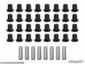 Thirty black cylindrical bushings for the Can-Am Maverick A-Arm are displayed in five rows above ten silver metal sleeves on a white background. Bottom left text notes: Does not include coupler bar bushings. SuperATV logo appears bottom right.