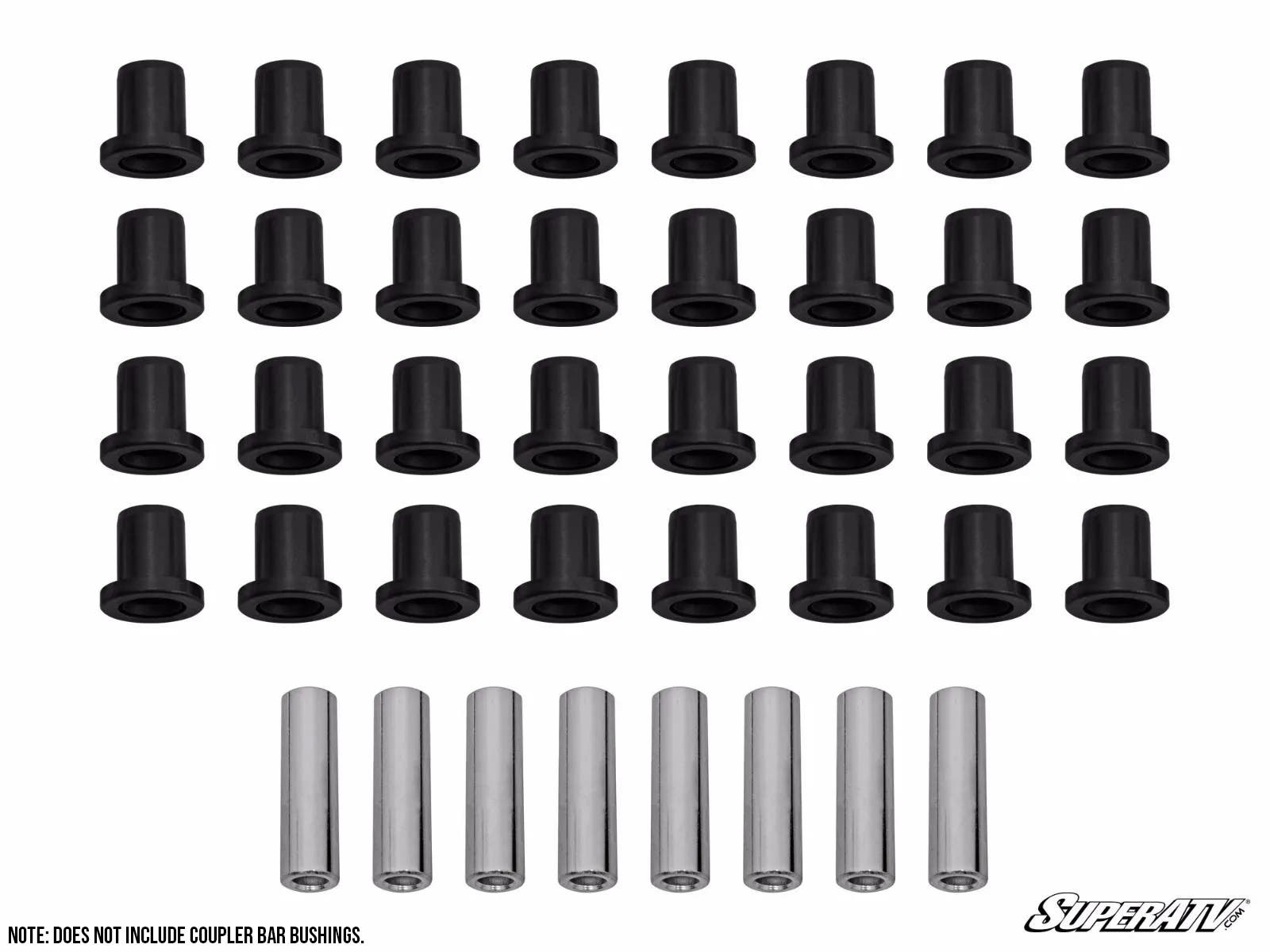 Thirty black cylindrical bushings for the Can-Am Maverick A-Arm are displayed in five rows above ten silver metal sleeves on a white background. Bottom left text notes: Does not include coupler bar bushings. SuperATV logo appears bottom right.