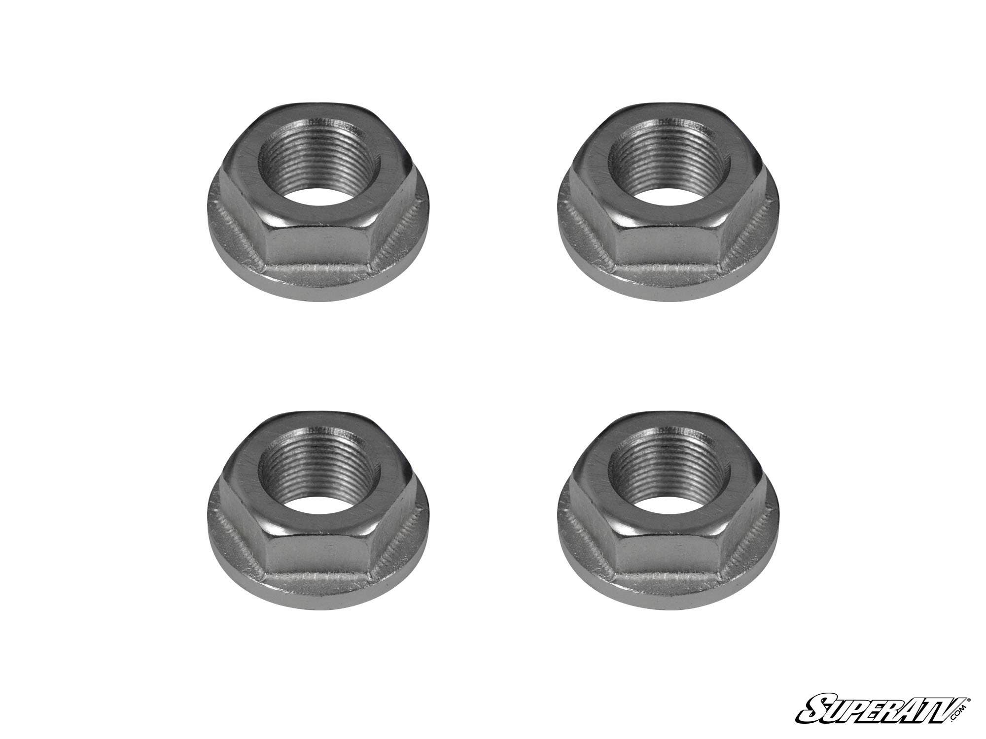 The image displays four Can-Am Maverick Portal Gear Lift Recessed Nuts with hex bodies and wide flanges, arranged in a square on a white background. The SuperATV logo is visible in the bottom right corner.