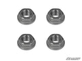 Four silver, hexagonal nuts from the Honda Talon Portal Gear Lift Recessed Nut Kit are arranged in a square on a white background. Each features internal threading and a beveled base. The SuperATV logo is in the bottom right corner.