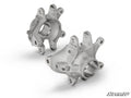 Two Up & Running Can-Am Maverick Rear Knuckles made of silver metal with smooth machined surfaces and multiple mounting holes are shown from different angles on a white background. The SuperATV logo appears in the bottom right corner.