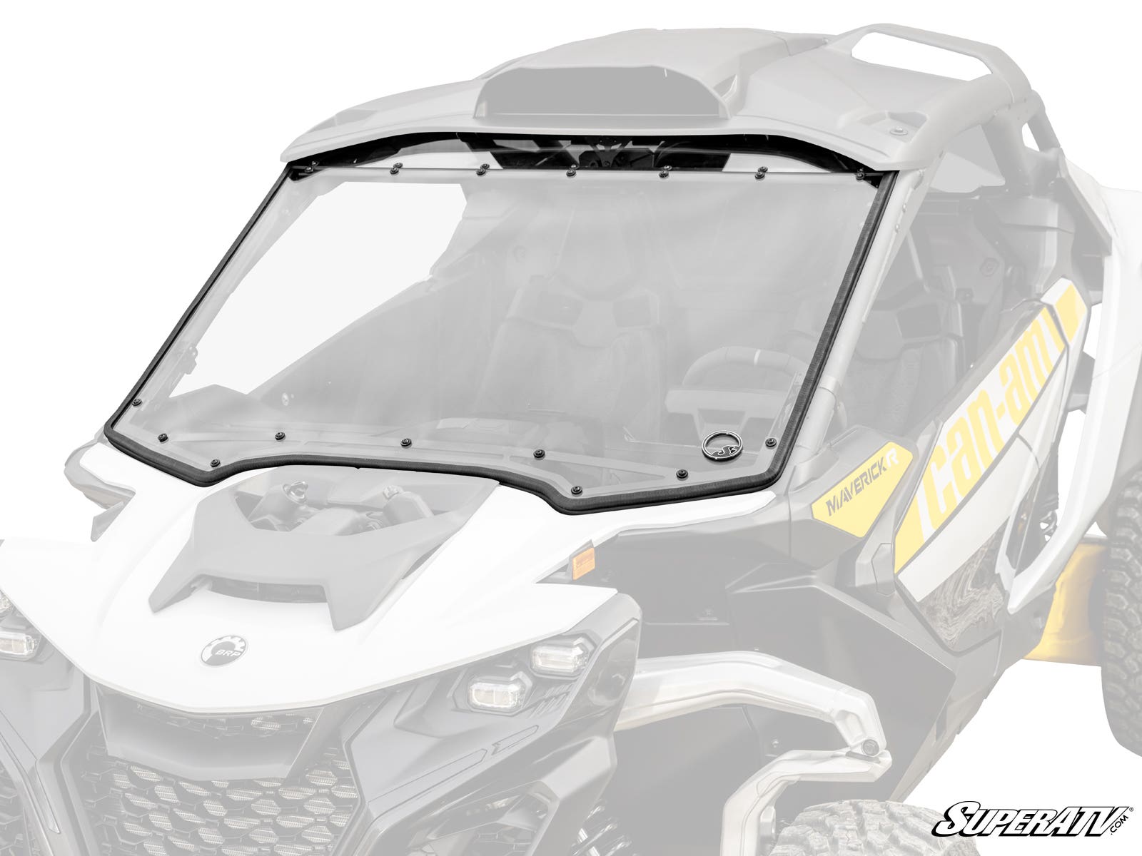 A Can-Am Maverick R Scratch-Resistant Full Windshield, framed in black and securely mounted on a yellow and white vehicle, is shown with the SuperATV logo in the lower right corner of the image.