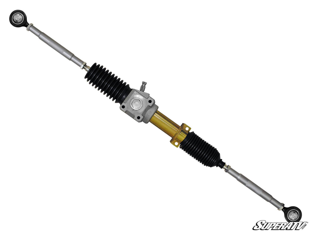 The Can-Am Maverick RackBoss Heavy-Duty Rack and Pinion, featuring a metal assembly with silver and gold center housing, black rubber boots on each end, and two silver rods, is displayed on a white background with the SuperATV logo in the bottom right.