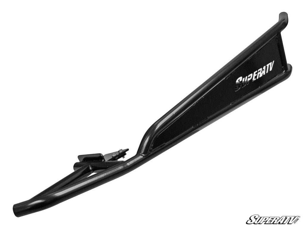 The Can-Am Maverick Rock Slider Nerf Bars are black metal side rails for off-road vehicles, with sturdy tubular construction, a mounting bracket, and the “SuperATV” logo in white on the angled section. Displayed on a white background.