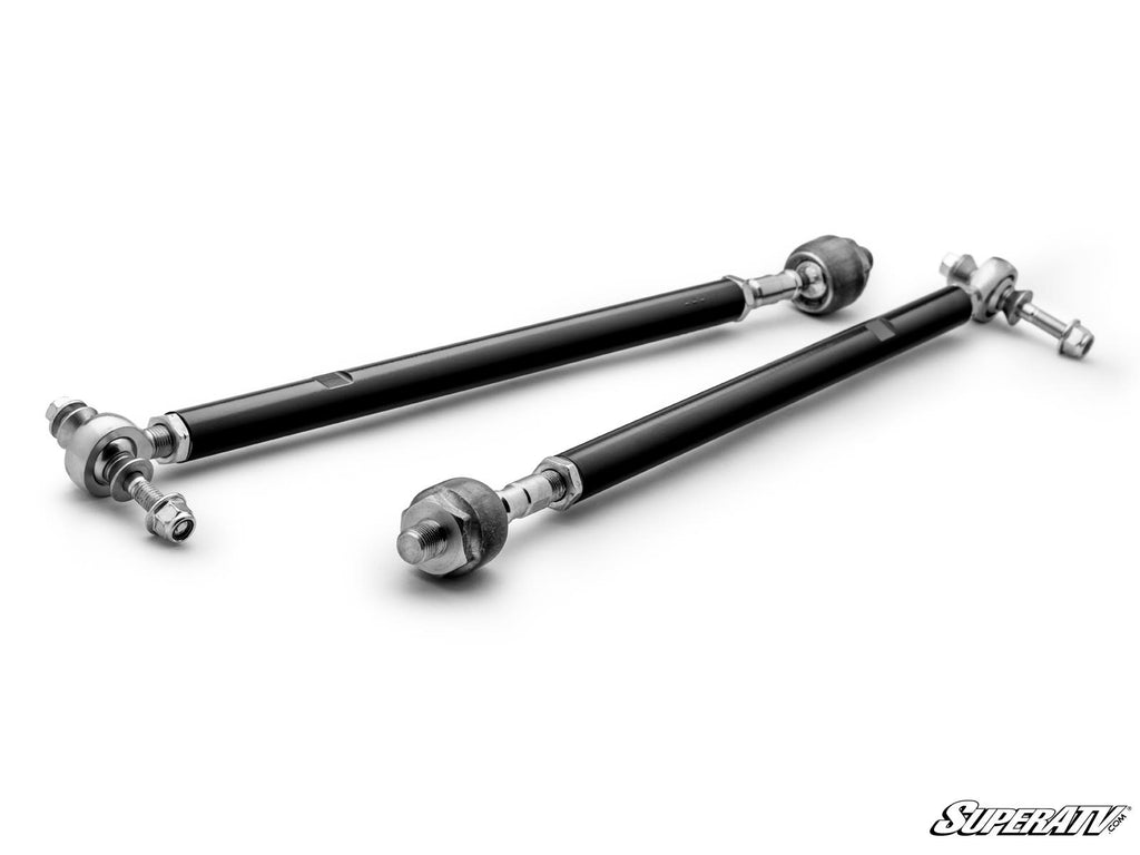 Two black metal tie rods from the Can-Am Maverick Sport Heavy-Duty Tie Rod Kit, with silver joints and threaded ends, lie diagonally and parallel on a white surface. One is closer to the camera. The SuperATV logo appears at the bottom right.