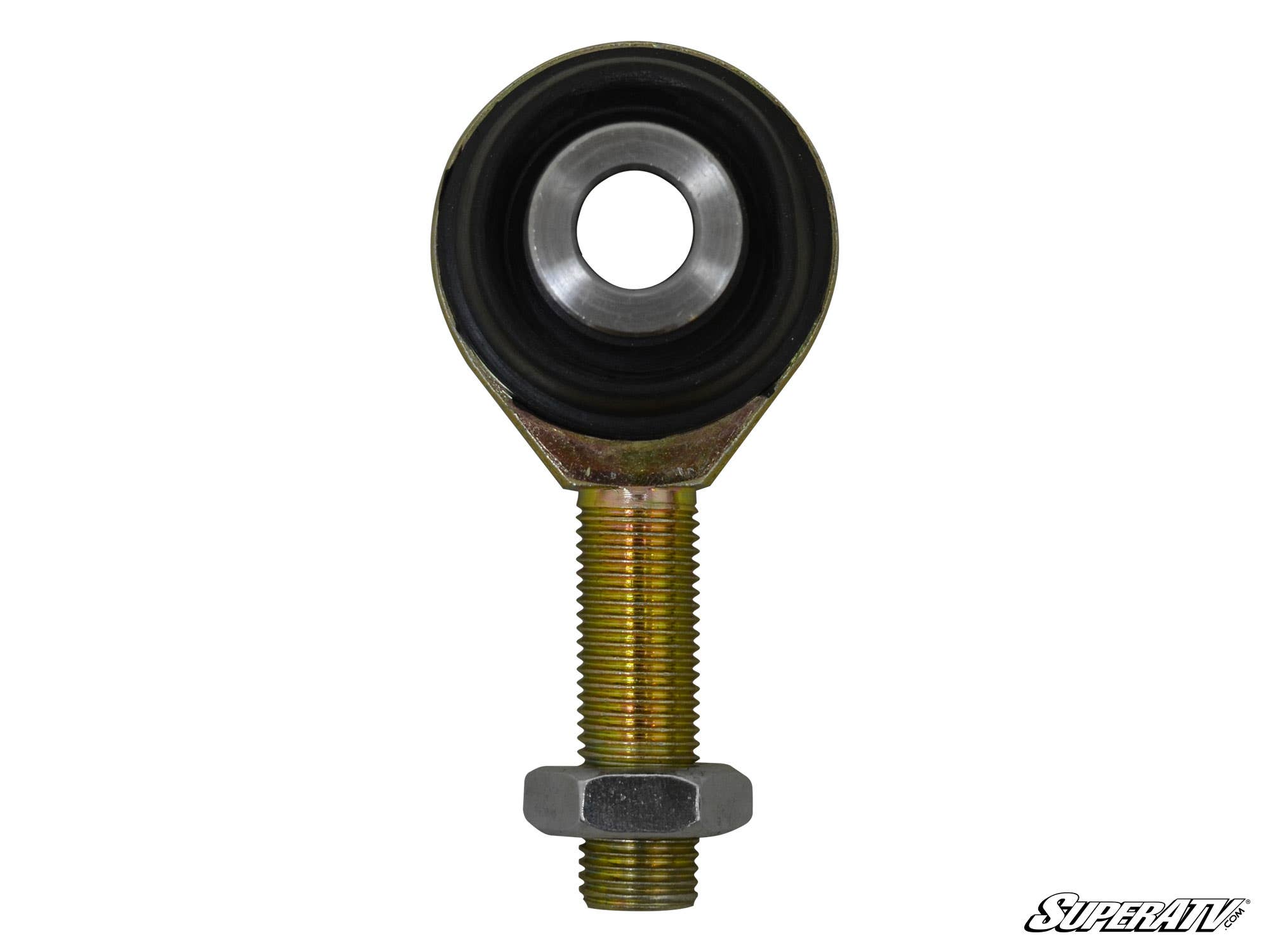 The image shows a Can-Am Maverick Heavy-Duty Tie Rod End Replacement Kit: a metal rod end bearing with a circular eye, black inner ring, silver center, threaded shaft, and hex nut. The SuperATV logo appears bottom right on a white background.
