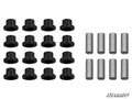 The image displays Can-Am Maverick X3 A-Arm Bushings: sixteen black cylindrical bushings arranged in a 4x4 grid on the left, and eight silver metal sleeves in two rows of four on the right, with the SuperATV logo at bottom right.