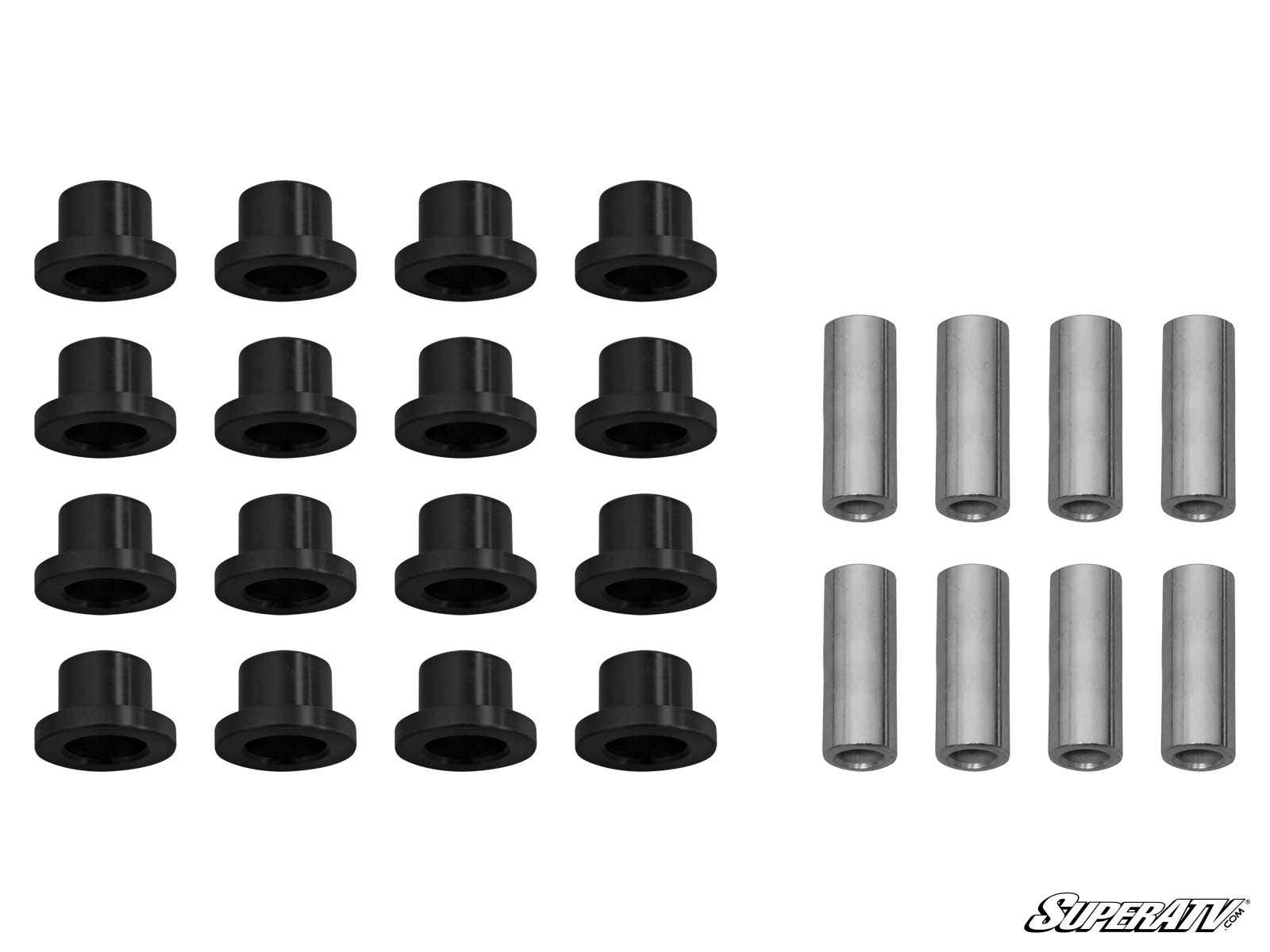 The image displays Can-Am Maverick X3 A-Arm Bushings: sixteen black cylindrical bushings arranged in a 4x4 grid on the left, and eight silver metal sleeves in two rows of four on the right, with the SuperATV logo at bottom right.