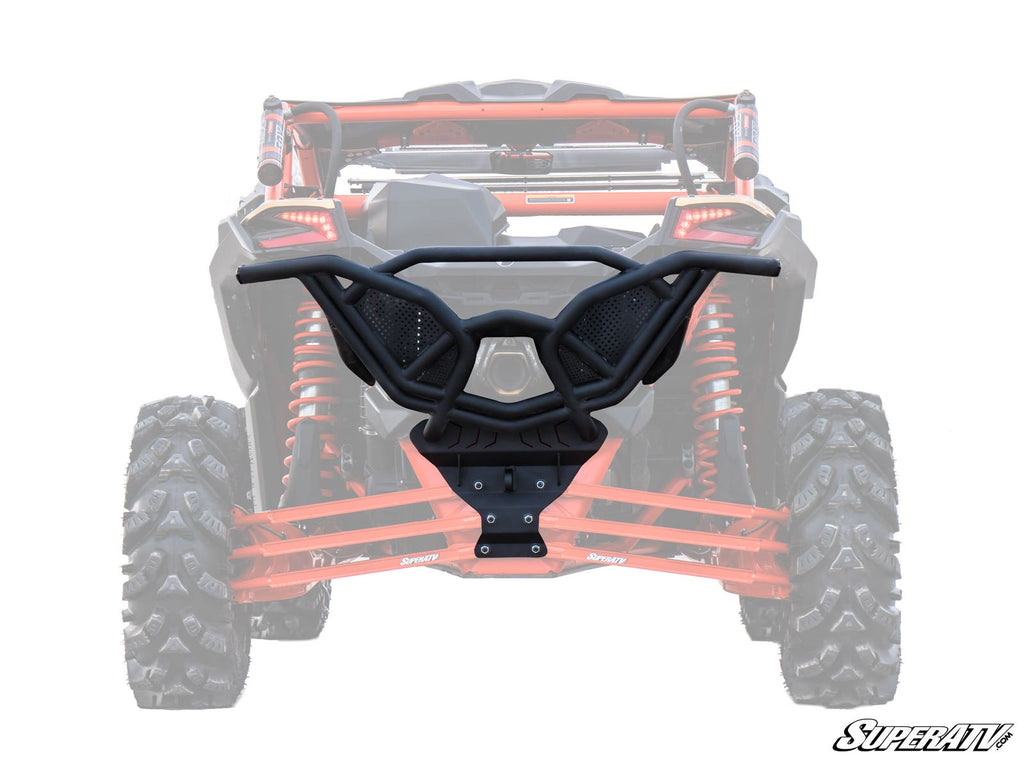 The Can-Am Maverick X3 Rear Bumper is centered in front of a semi-transparent red UTV, highlighting rugged tires, suspension, and rear features. The SuperATV logo appears at the bottom right against a plain white background.