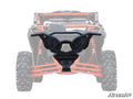 The Can-Am Maverick X3 Rear Bumper is centered in front of a semi-transparent red UTV, highlighting rugged tires, suspension, and rear features. The SuperATV logo appears at the bottom right against a plain white background.
