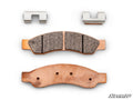 Two Can-Am Maverick R Sintered Brake Pads with textured copper-colored surfaces are shown side by side, along with two matching metal clips above them. The SuperATV logo appears in the bottom right corner on a white background.