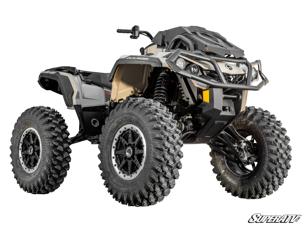 A tan and black Can-Am Renegade ATV featuring a 5 Lift Kit, large off-road tires, and robust suspension is shown on a white background with the SuperATV logo in the bottom right corner.