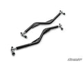 Two black Z-bend metal rods with mounting ends and threaded adjusters are arranged parallel on a white background, featuring the SuperATV logo. These are Can-Am Outlander Z-Bend Tie Rods, designed as replacements for SuperATV lift kits.