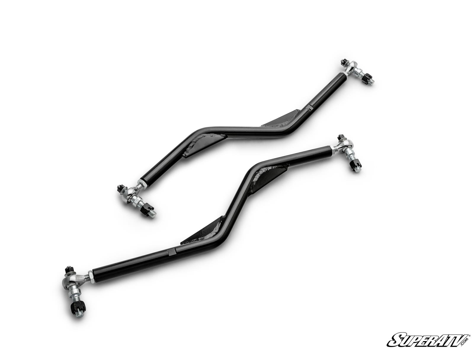 Two black, heavy-duty metal Can-Am Renegade Z-Bend Tie Rods for SuperATV Lift Kits with angled bends and silver ends are shown on a white background. Both rods have adjustment points; the SuperATV logo is bottom right.