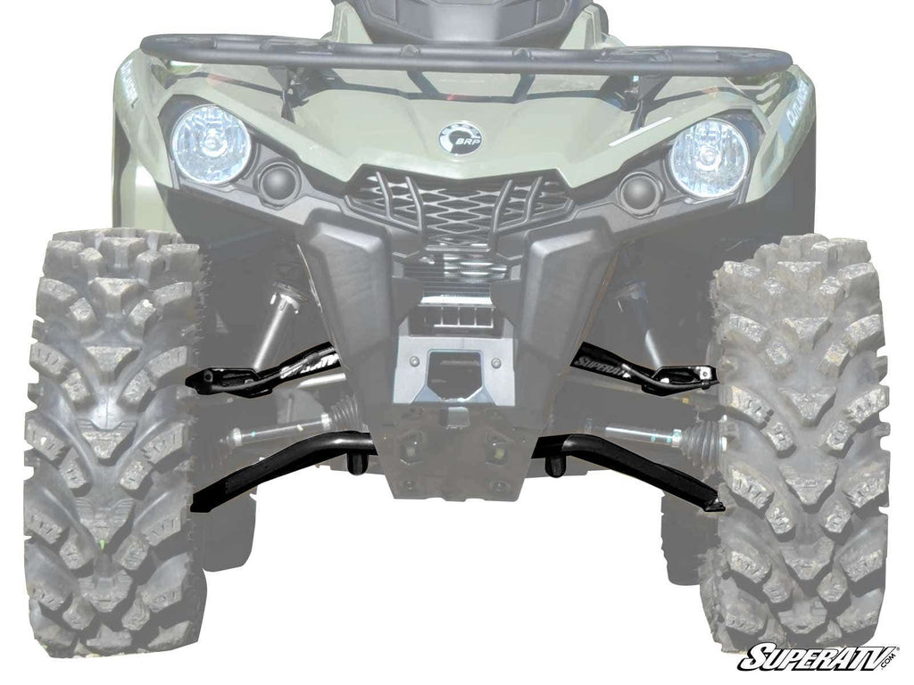 Front view of an off-road vehicle with large rugged tires and two black Can-Am Outlander (Gen 2) High Clearance 1.5 Offset A-Arms installed on the suspension. The background and vehicle are faded, highlighting the A-arms and tires; SuperATV logo bottom ri