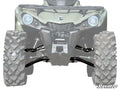 Front view of an off-road vehicle with large rugged tires and two black Can-Am Outlander (Gen 2) High Clearance 1.5 Offset A-Arms installed on the suspension. The background and vehicle are faded, highlighting the A-arms and tires; SuperATV logo bottom ri