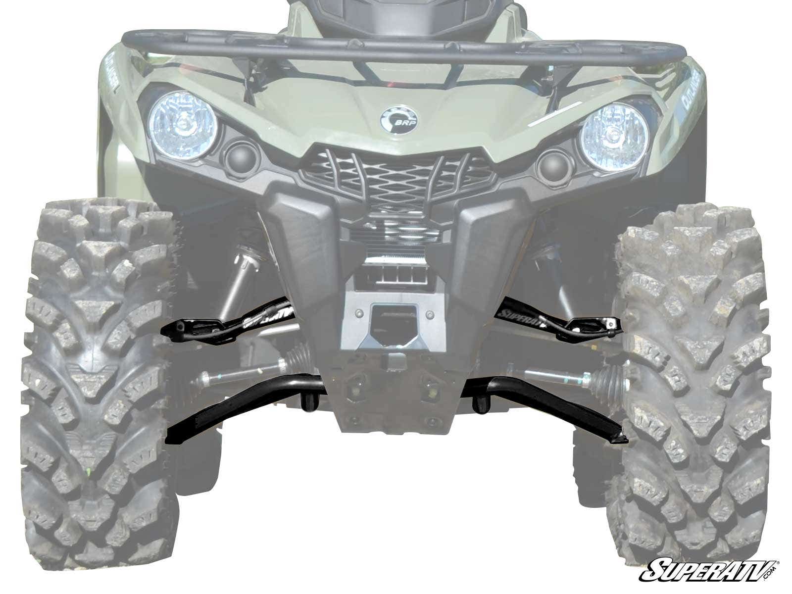 Front view of an off-road vehicle with large rugged tires and two black Can-Am Outlander (Gen 2) High Clearance 1.5 Offset A-Arms installed on the suspension. The background and vehicle are faded, highlighting the A-arms and tires; SuperATV logo bottom ri
