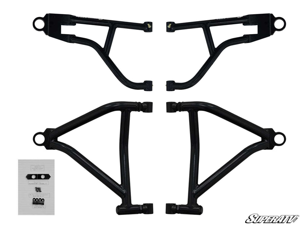 Four Can-Am Renegade (Gen 2) High Clearance 1.5 Offset A-Arms are arranged on a white background, two at the top and two at the bottom, with installation hardware, instructions at the lower left, and a SuperATV logo in the bottom right.