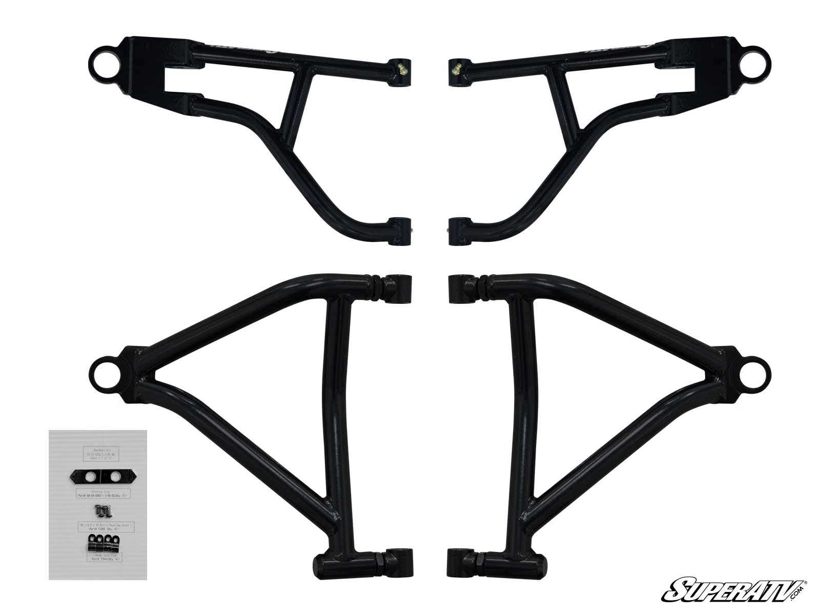 Four Can-Am Renegade (Gen 2) High Clearance 1.5 Offset A-Arms are arranged on a white background, two at the top and two at the bottom, with installation hardware, instructions at the lower left, and a SuperATV logo in the bottom right.