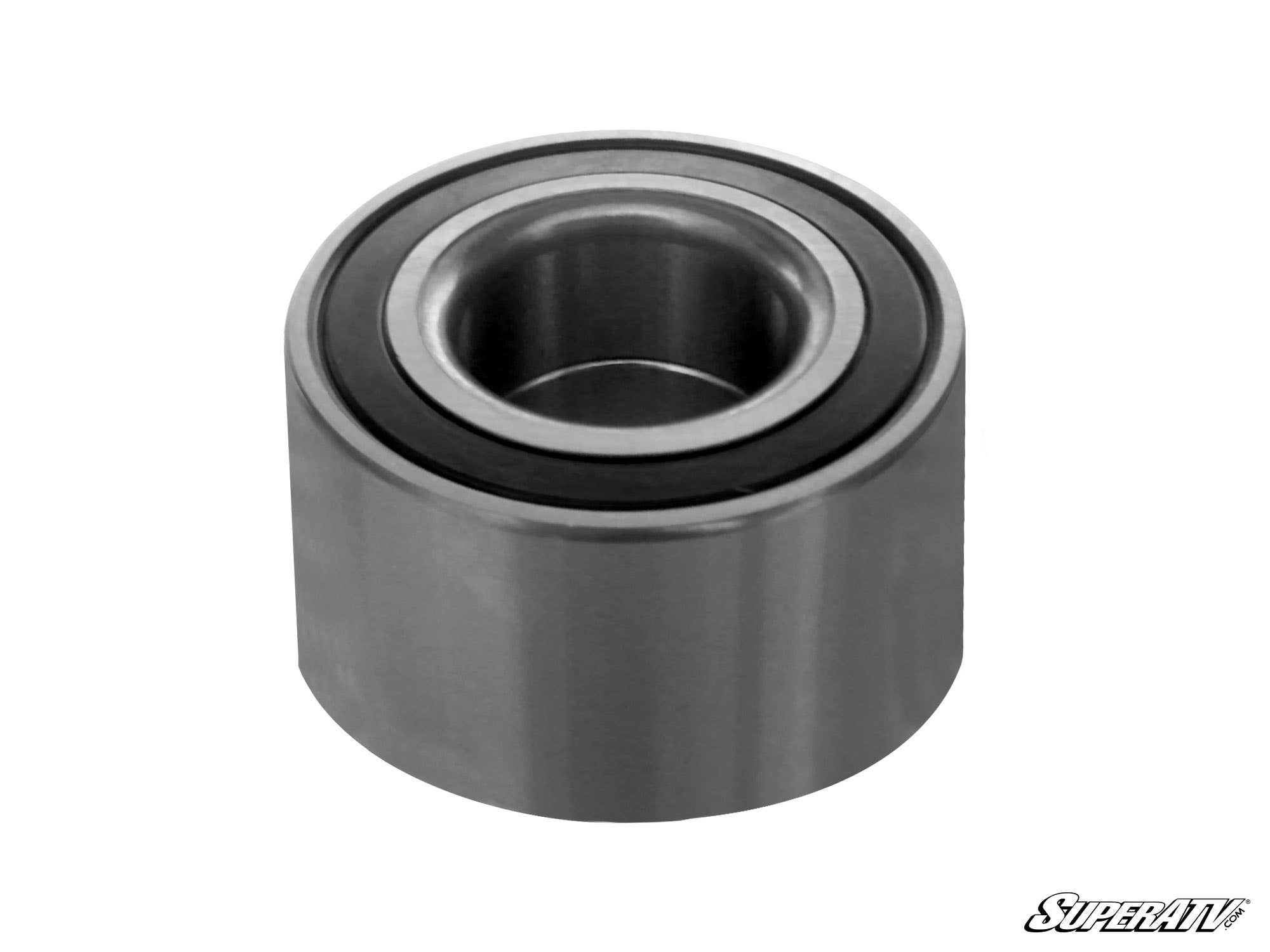 A close-up of a Can-Am Wheel Bearing shows its smooth, reflective cylindrical metal surface and visible inner ring standing upright on a white background, with the SuperATV logo in the bottom right corner.
