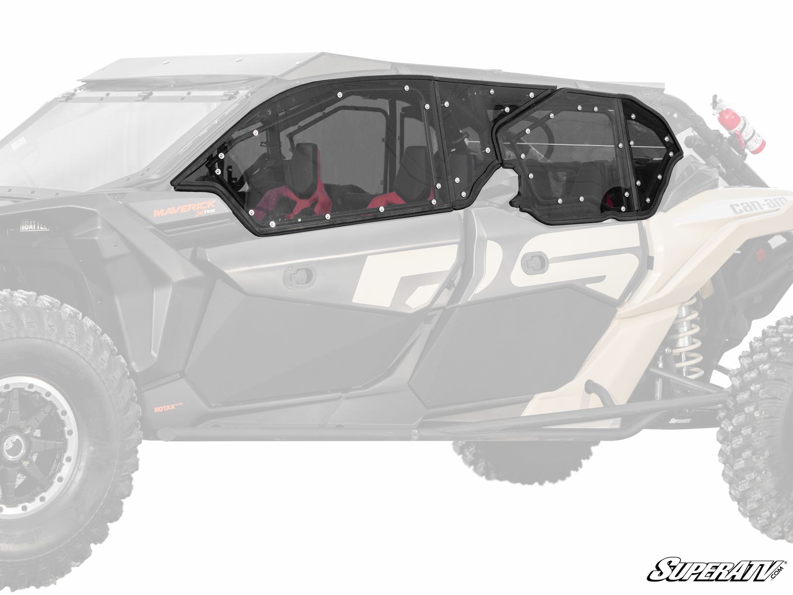 A contoured polycarbonate window with multiple bolts is mounted on the passenger door of a beige Can-Am Maverick X3 MAX Hard Cab Enclosure Upper Door, with the rest of the vehicle faded out and the SuperATV logo in the bottom right corner.