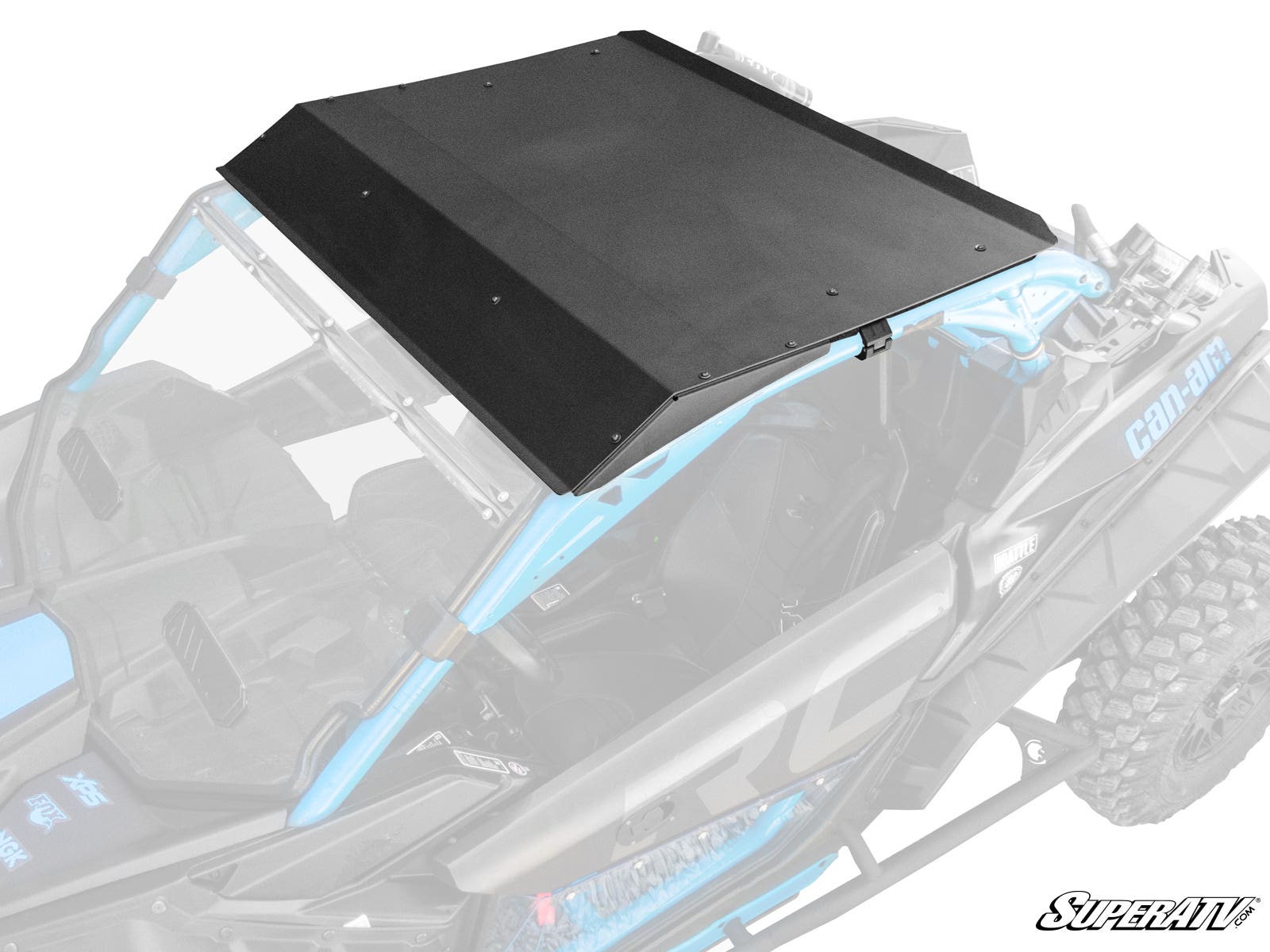 A Can-Am Maverick X3 with a black metal SuperATV Aluminum Roof is shown on a blue off-road side-by-side; the roof covers the top frame, while the rest of the vehicle appears semi-transparent gray. SuperATV logo is in the bottom right corner.