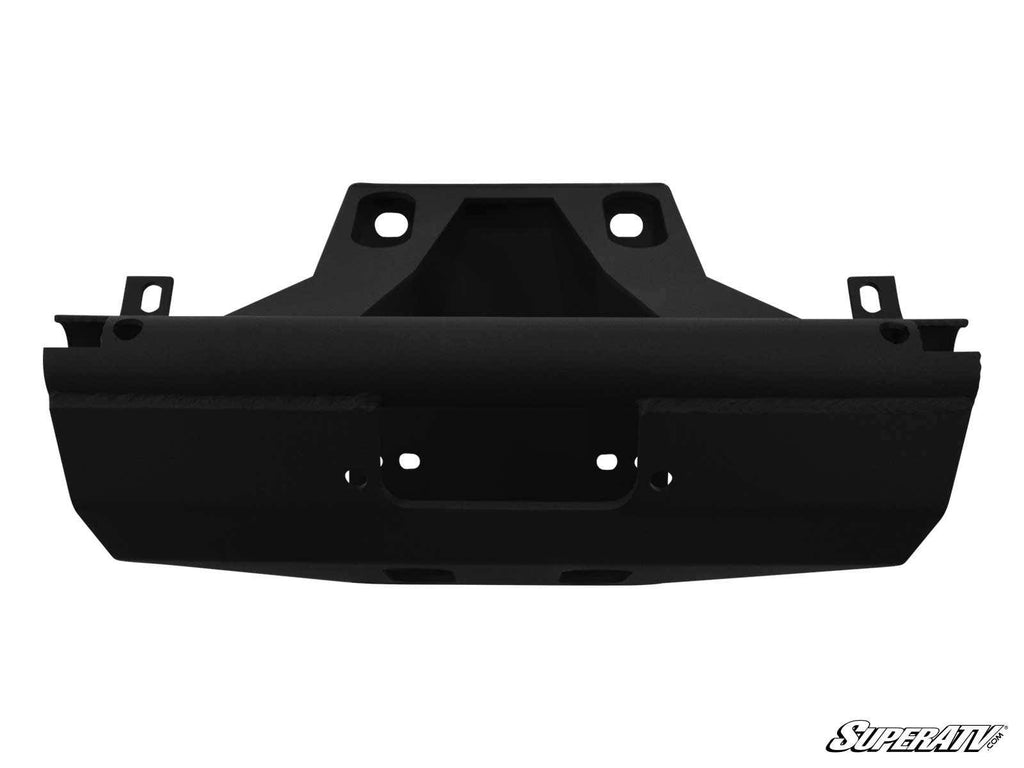 Black metal Can-Am Maverick X3 Winch Mount Plate Kit viewed from the front on a white background. It features mounting holes, angled edges, reinforced brackets for durability, and displays the SuperATV logo in the bottom right.
